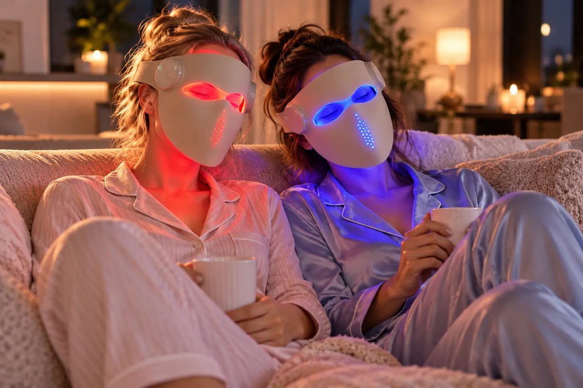 Woman wearing the Dermfix FreeGlow cordless LED face mask